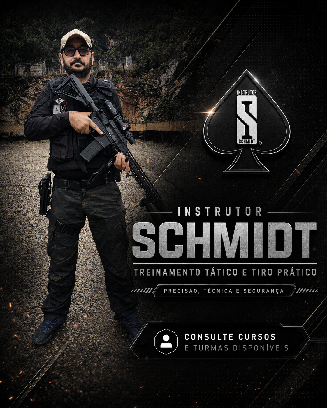 Arte Instrutor Schmidt com fuzil e chamada para cursos